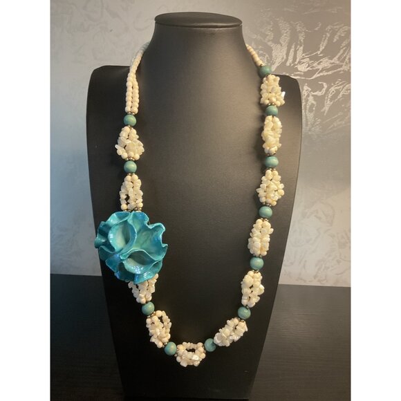Tropical Shell & Bead Necklace With Blue Flower Pendant - Picture 1 of 5